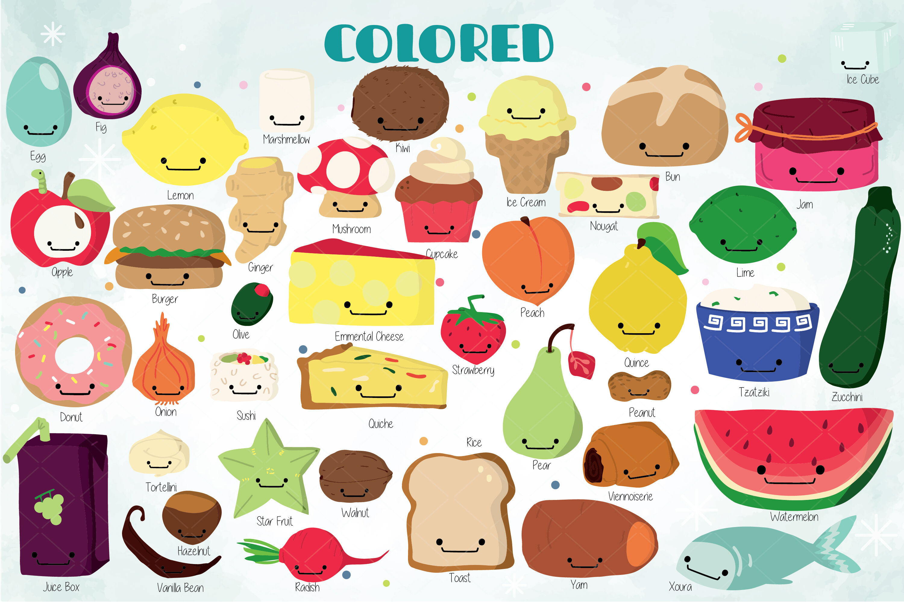 A-Z Food Kawaii | Colored Hand Drawn Fruit, Vegetable, Sweets, Savory ...