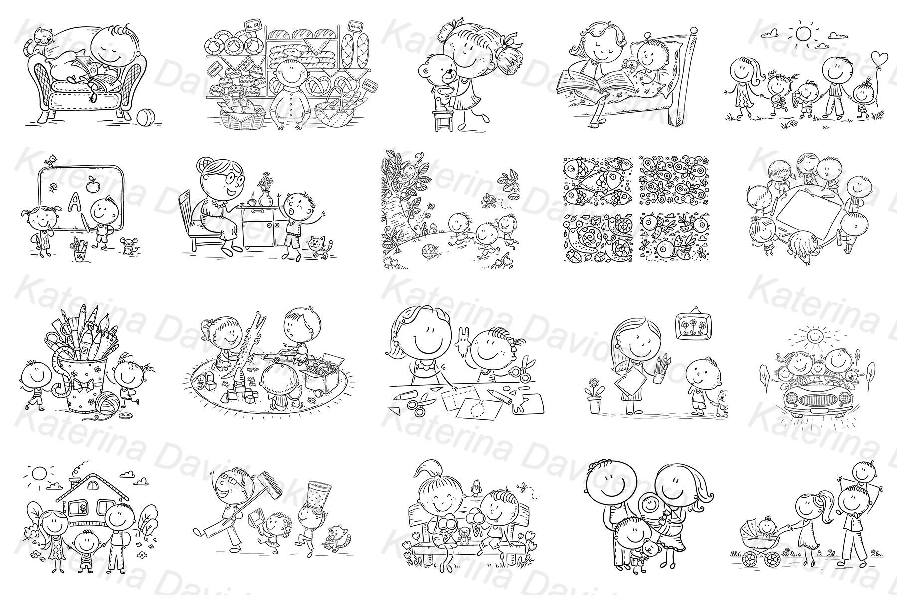 Download Big Bundle 2 Cartoon Illustrations For Coloring Book By Optimistic Kids Art Thehungryjpeg Com