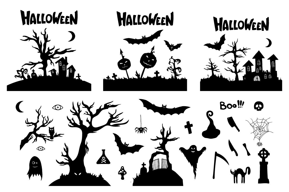 Hand drawn Halloween silhouettes illustrations By AVK Studio ...