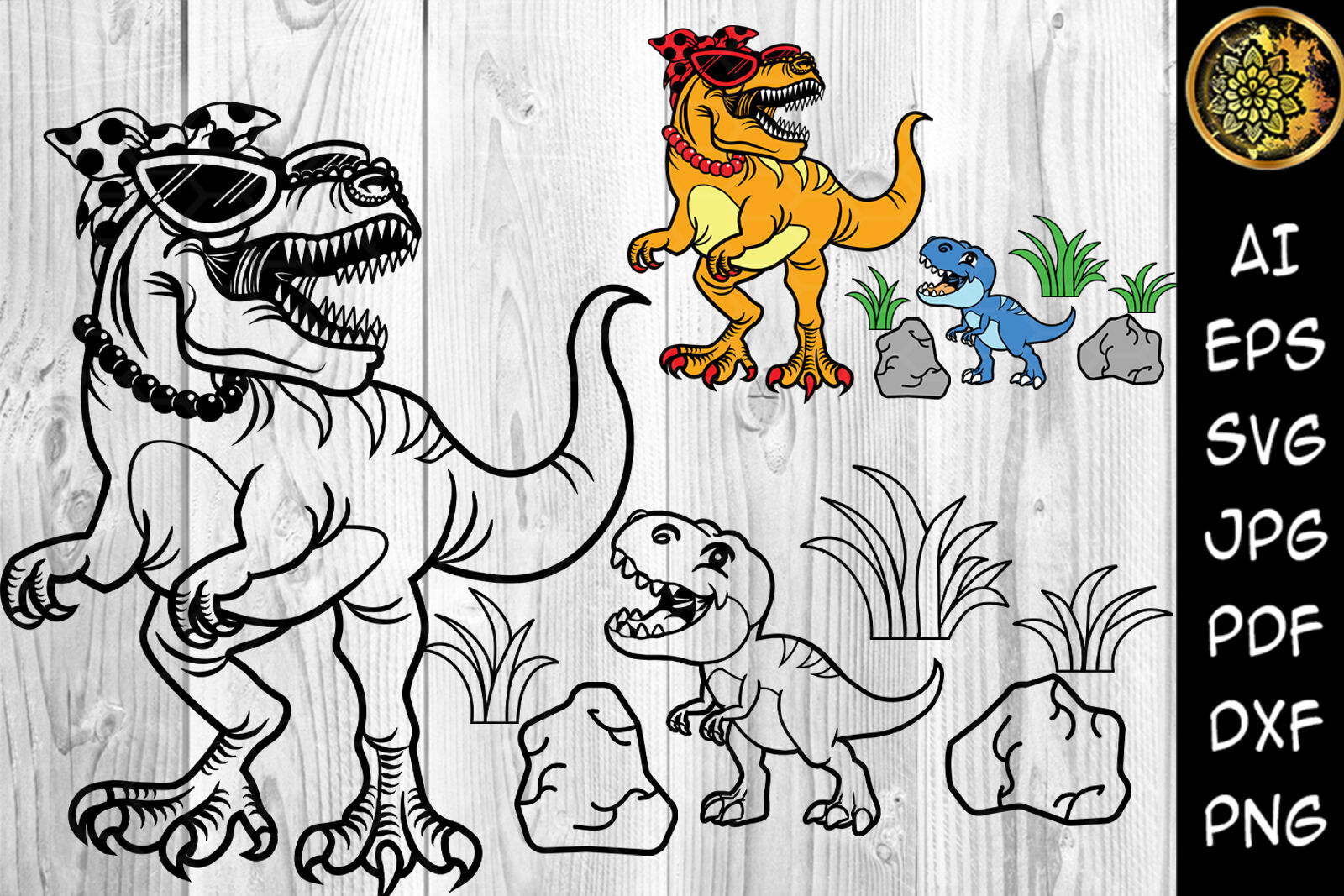 Download Mamasaurus And Little Dino Funny Dinosaur Svg Clip Art By Mandala Creator Thehungryjpeg Com