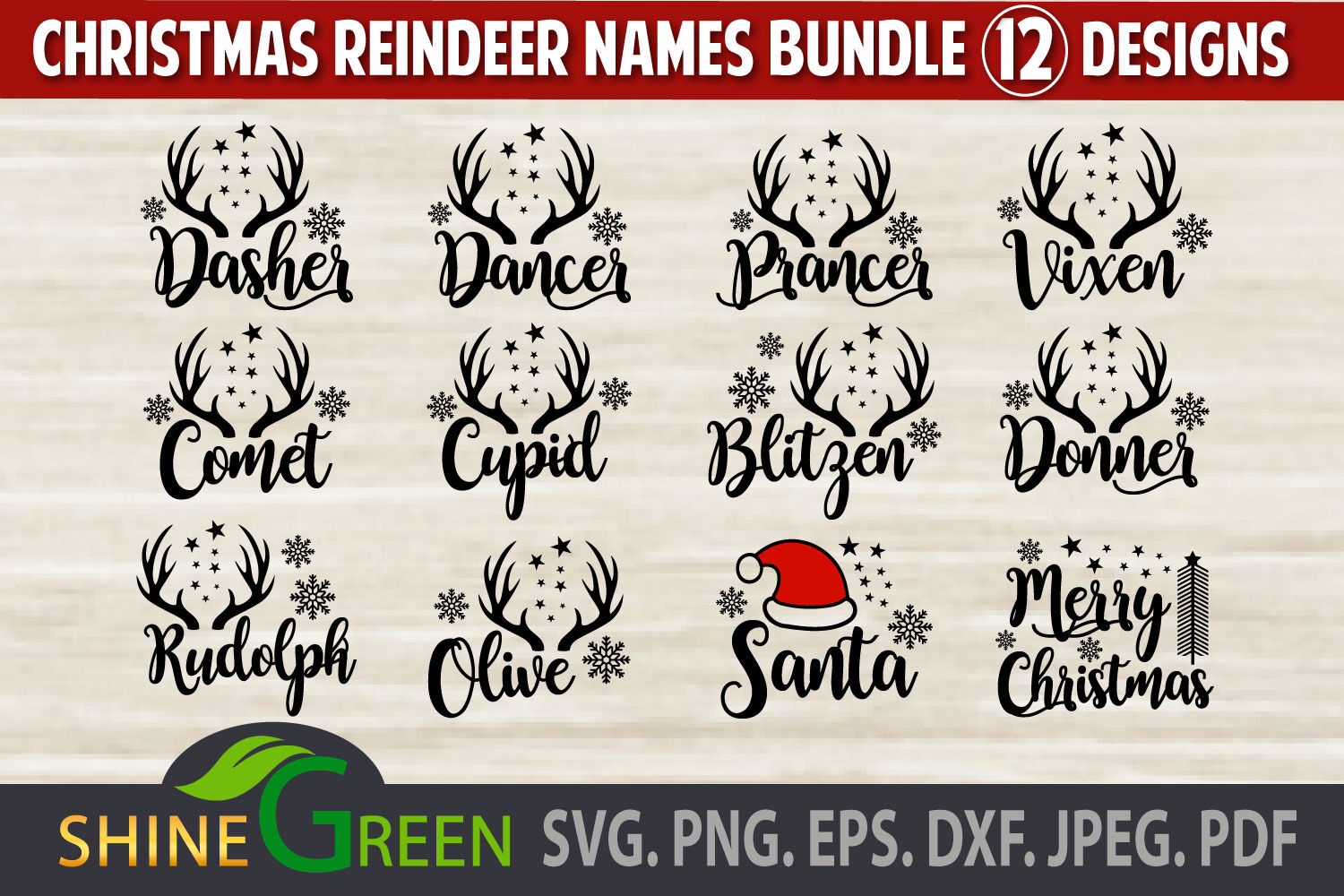 Reindeer Names Christmas SVG Bundle Ornaments DXF PNG EPS By