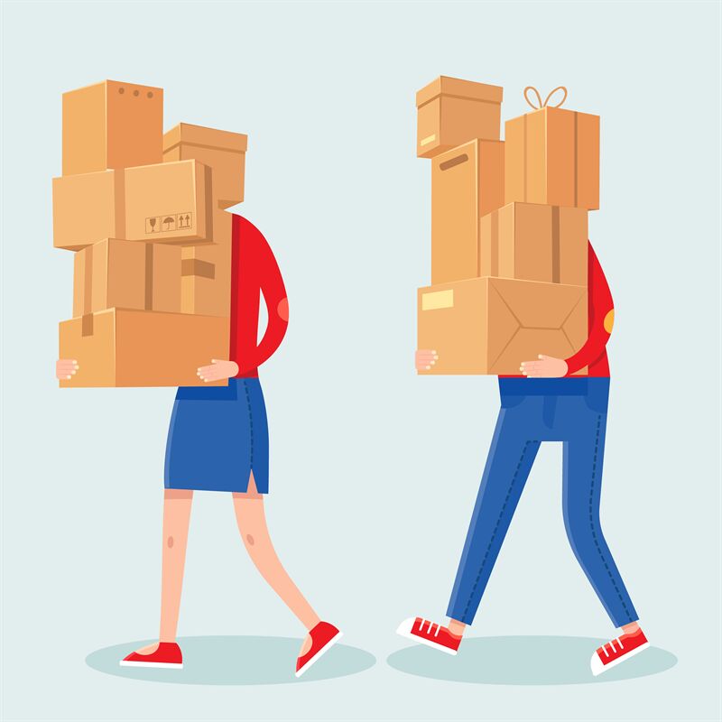 People carrying boxes stack. Cartoon man and woman with heavy carton b By  Tartila | TheHungryJPEG