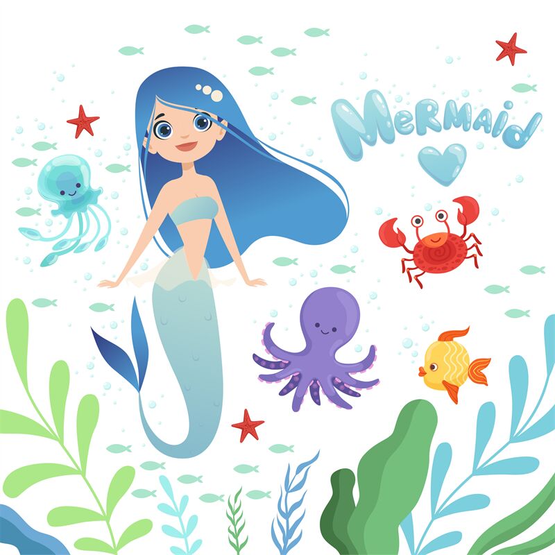 Mermaid background. Underwater life with cartoon fantasy mermaid chara By  ONYX | TheHungryJPEG