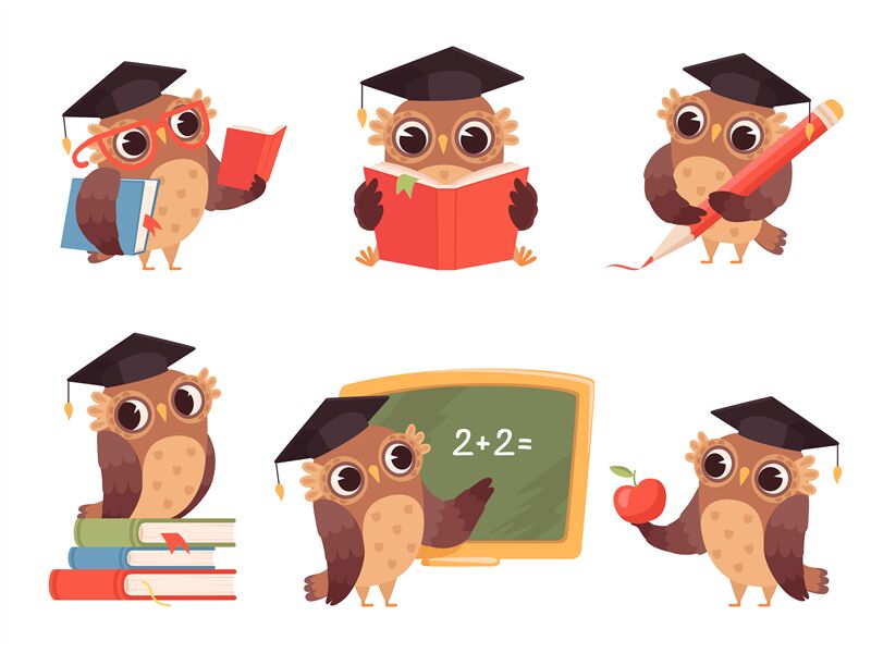 Owl teacher. Cartoon bird characters with back to school items cute ma By  ONYX | TheHungryJPEG