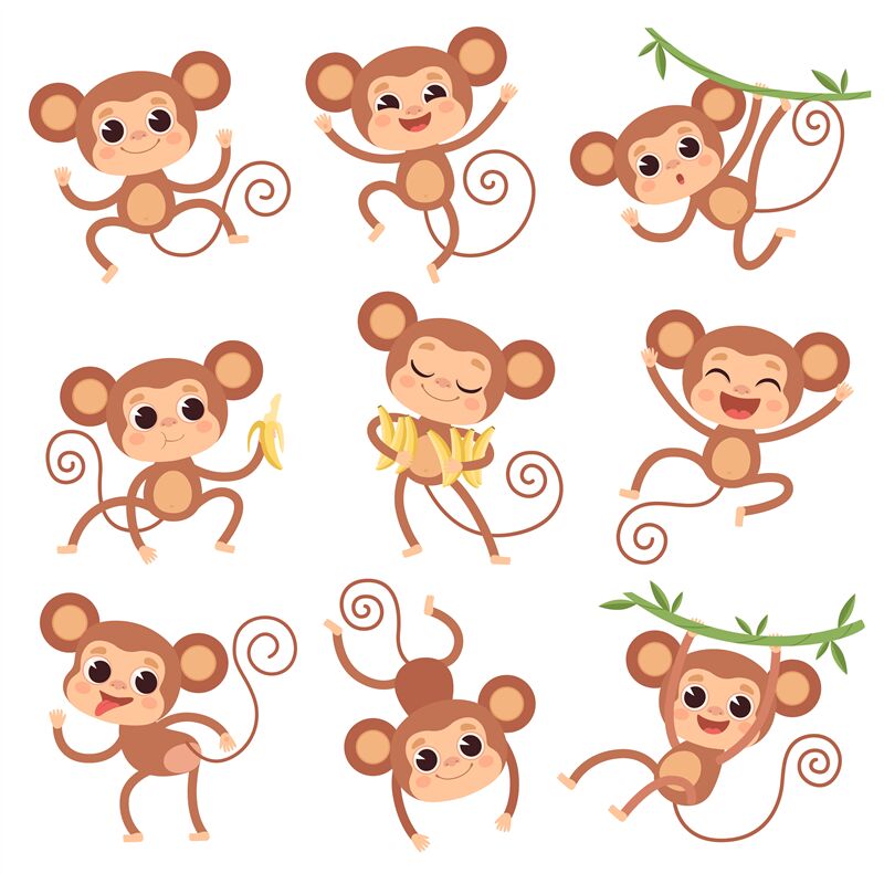 Baby monkey. Wild cartoon animals playing and eating banana vector cha By  ONYX | TheHungryJPEG