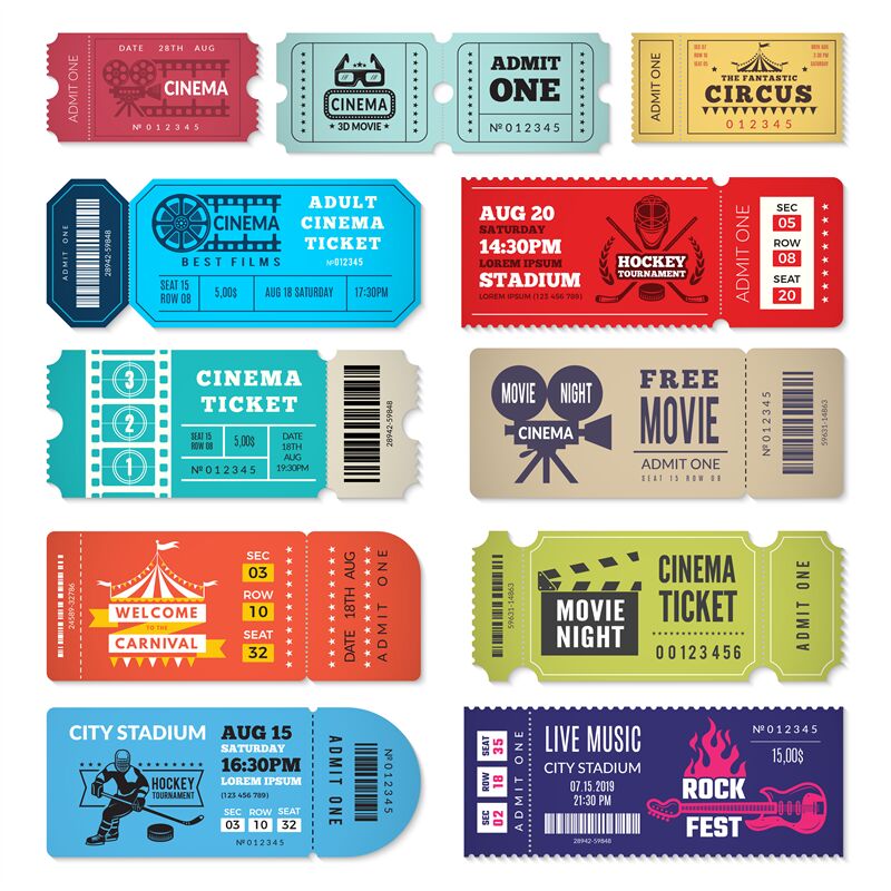 Tickets template. Events entrance tickets in cinema theater circus sho ...