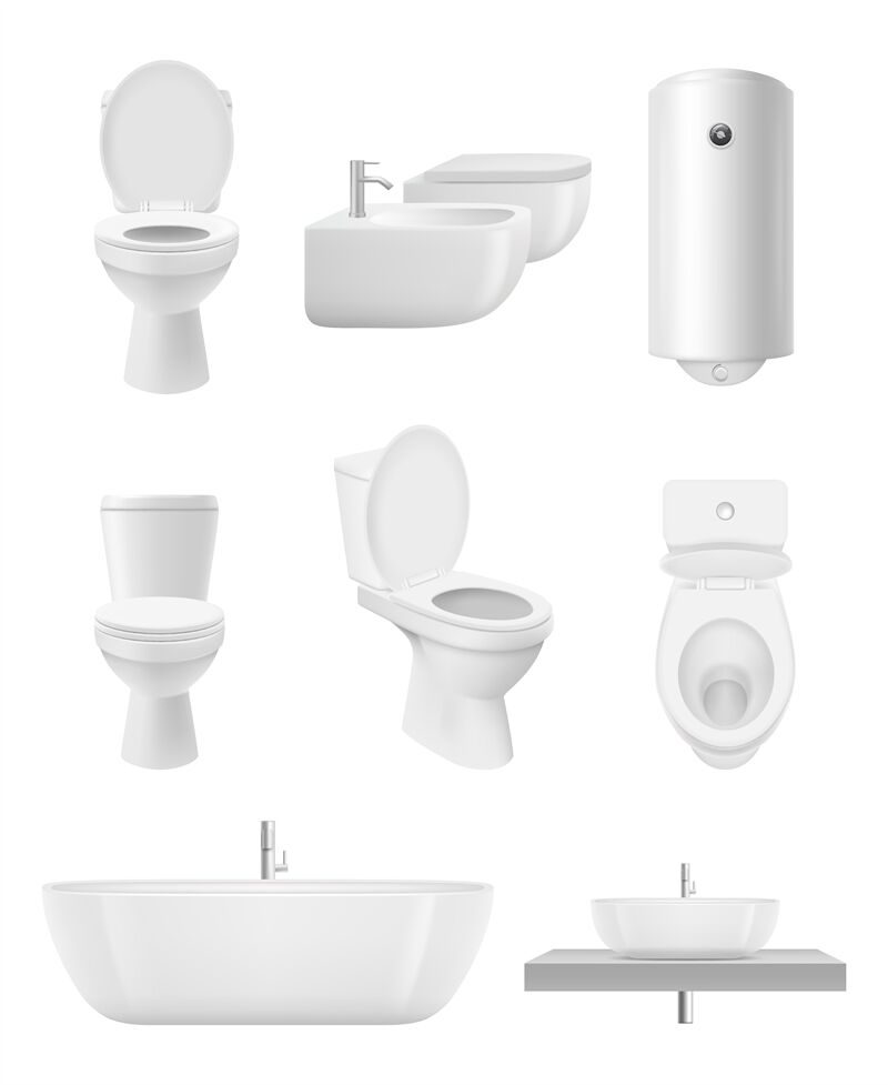 Bathroom objects. Toilet sink shower washroom vector realistic collect ...