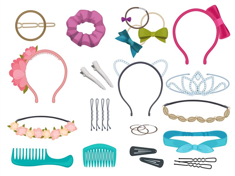 Hair accessories. Woman hair items stylist salon flowers elastic bands ...