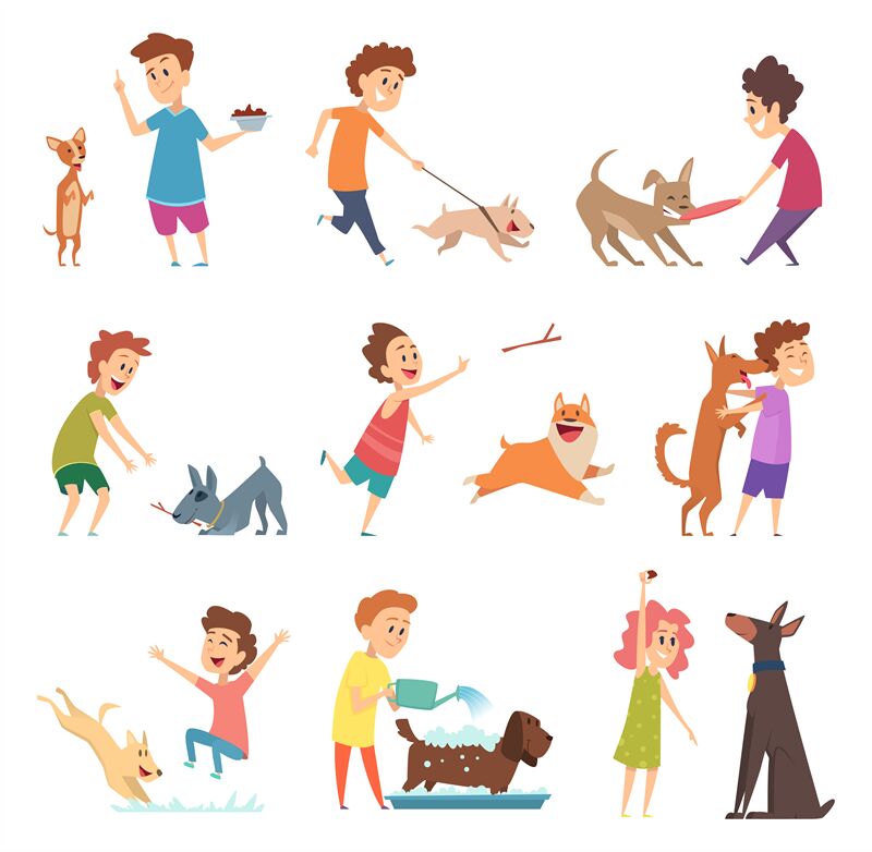 Pets and kids. Happy little puppy dogs and their owners hugging playin ...