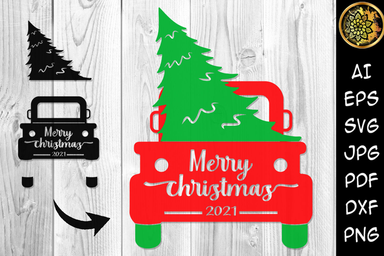 Merry Christmas 2021 Tree and Truck SVG Clipart By Mandala Creator