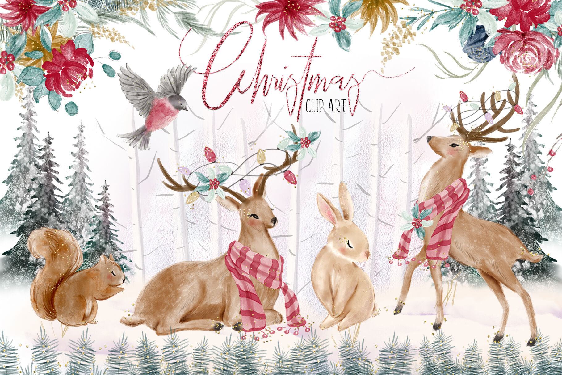Woodland Christmas illustrations By Hippogifts | TheHungryJPEG.com