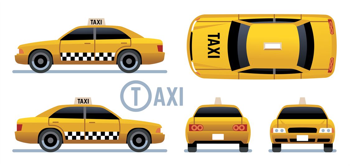 Taxi car. Yellow cab view from side, front, back and top. Cartoon city By  Microvector | TheHungryJPEG