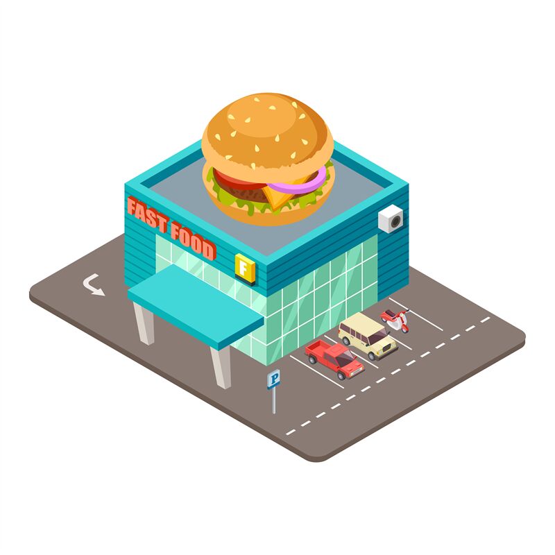 Fast Food Restaurant. Isometric Modern Burger House Building Vector Co 