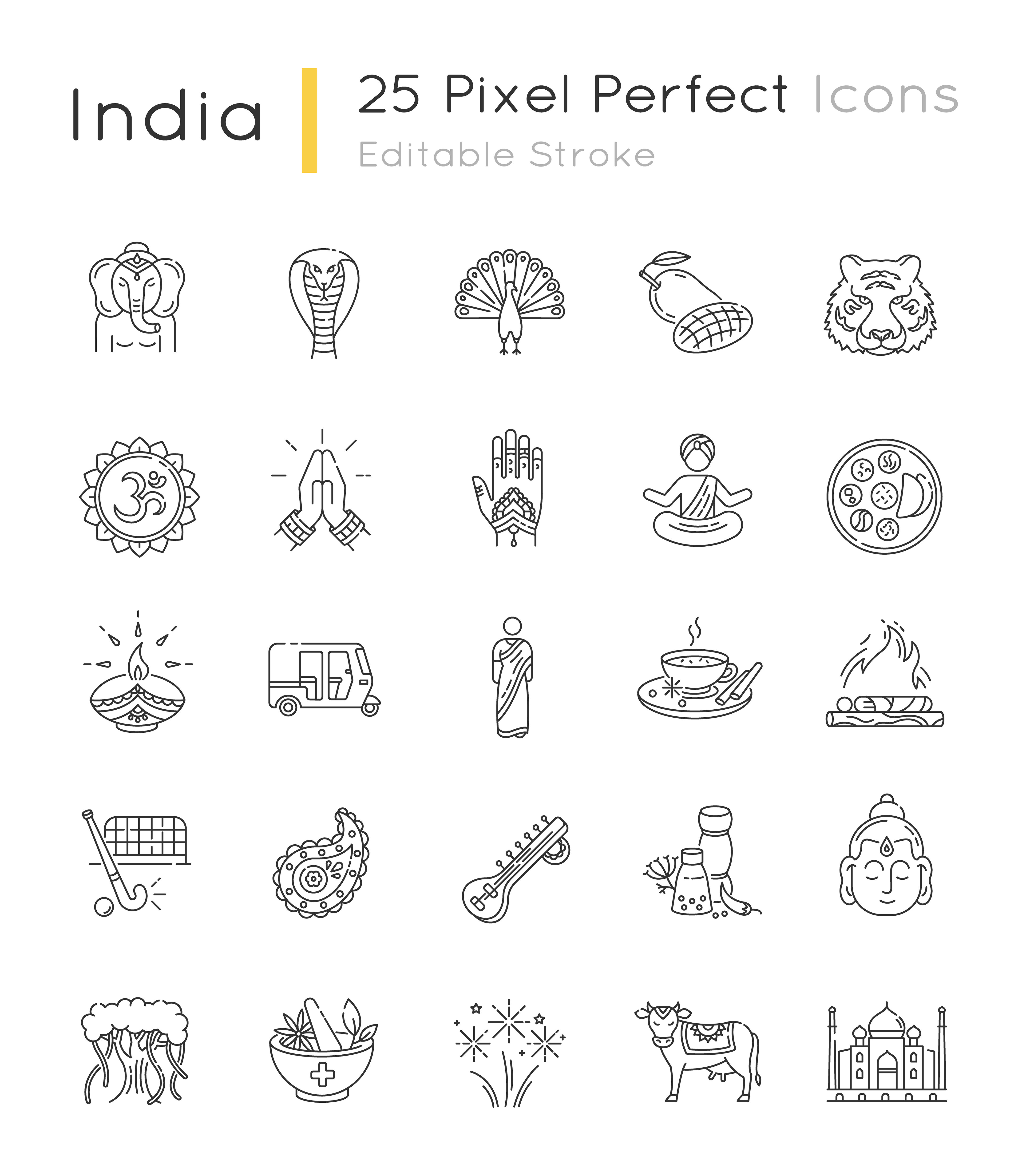 Indian culture pixel perfect linear icons set By bsd studio | TheHungryJPEG