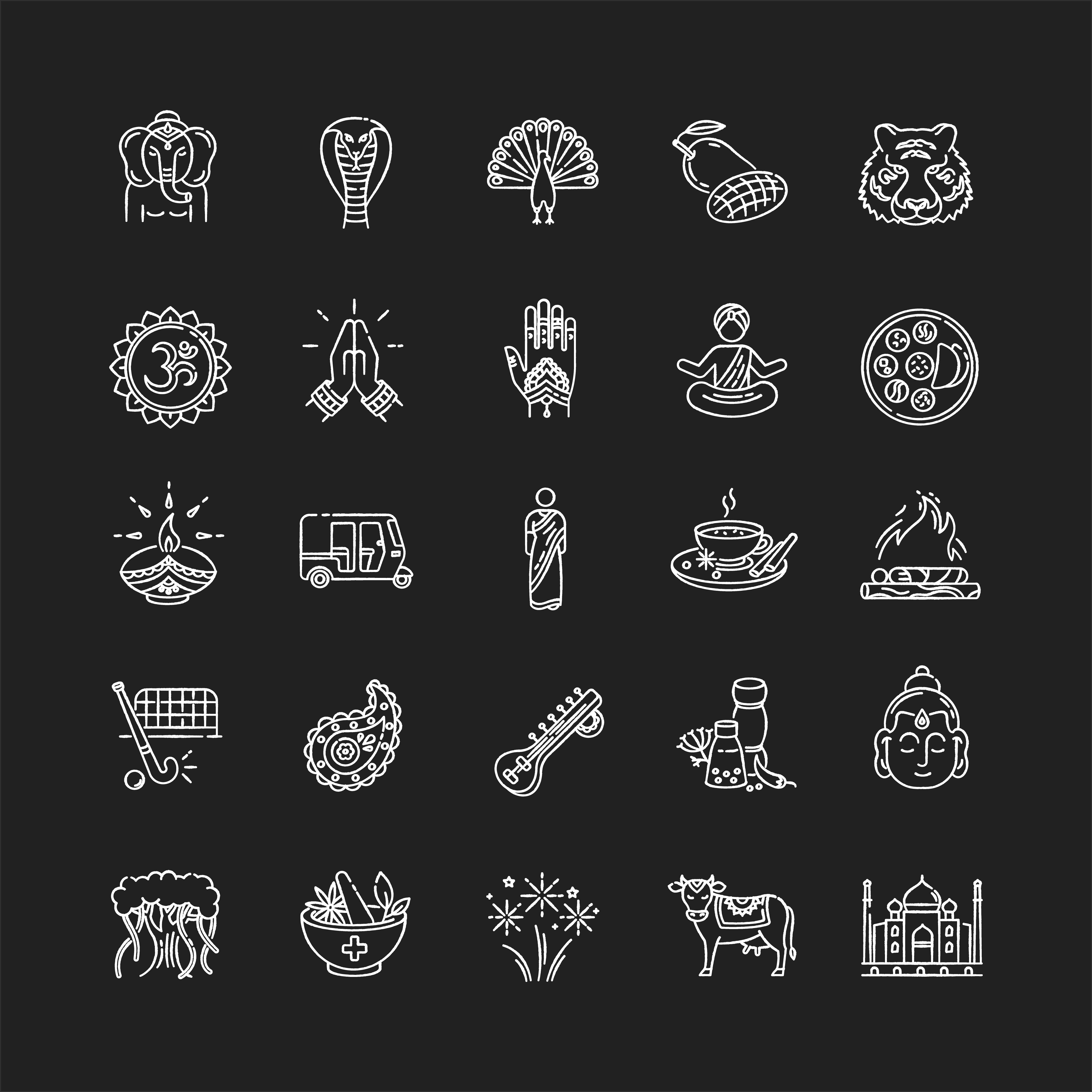 Indian culture chalk white icons set on black background By bsd art factory  | TheHungryJPEG