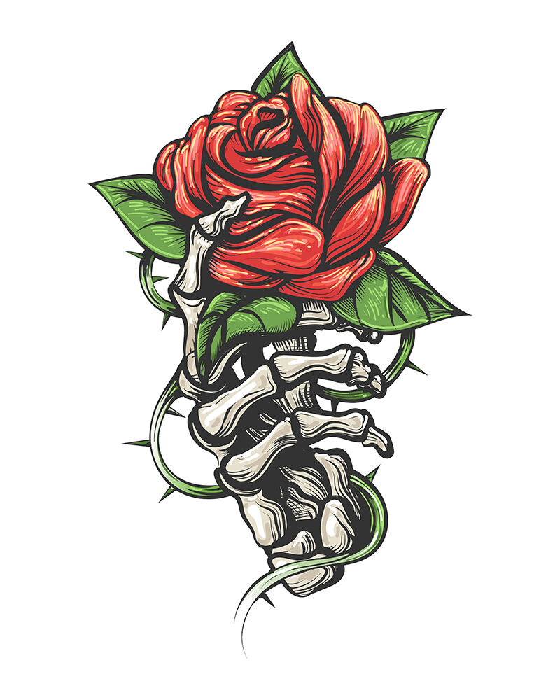 skeleton hand holding rose tattoo