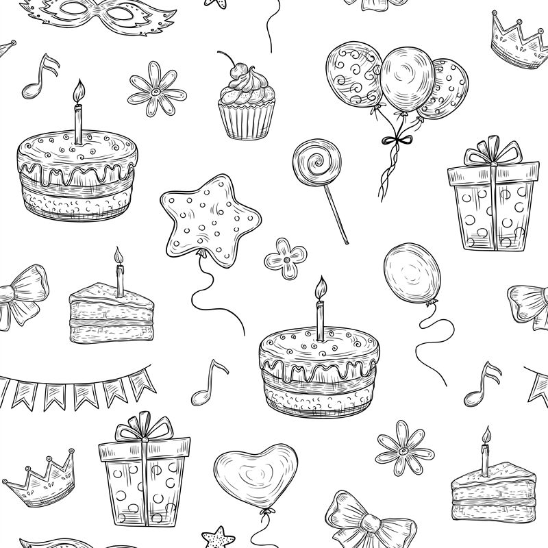 Birthday party vector seamless pattern. Outline illustrations of cake