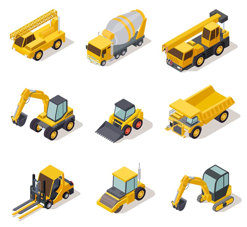 Isometric industrial machinery. 3d construction equipment truck vehicl ...