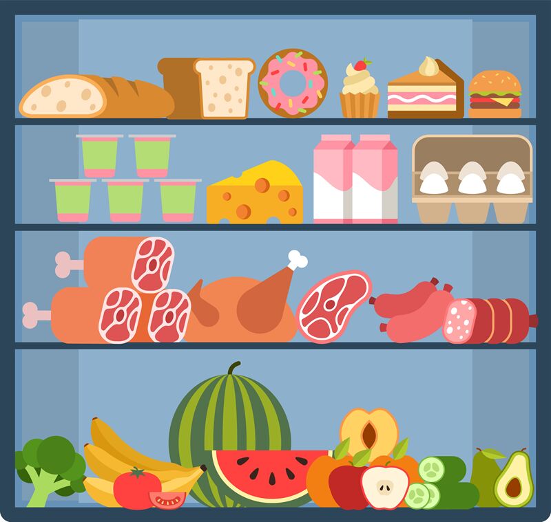 Grocery shelves. Food store assortment on refrigerator showcase, fruit ...