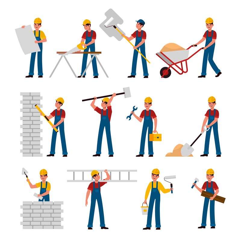 Construction workers. Cartoon builders in helmet work with constructio By  YummyBuum | TheHungryJPEG