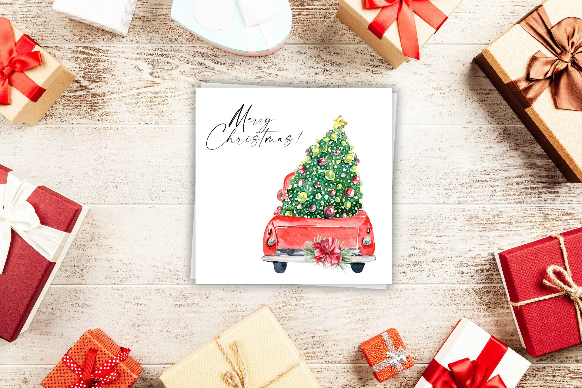 Watercolor red christmas truck clipart with christmas tree By Olga