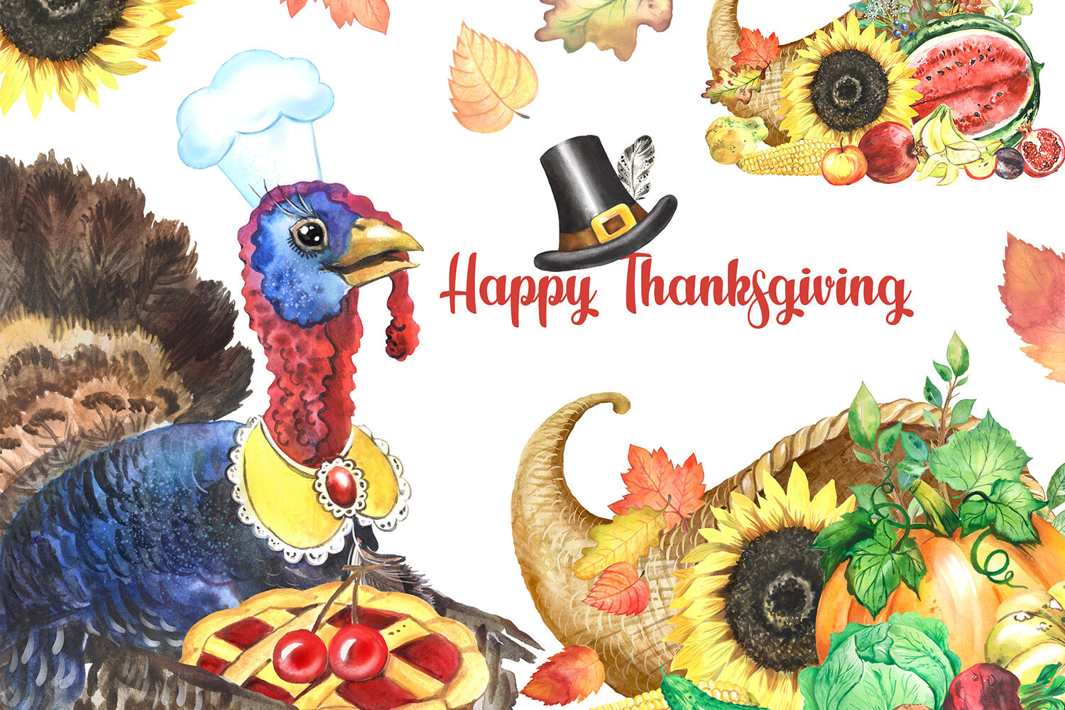 Happy thanksgiving day watercolor clipart. Turkey with pie ...