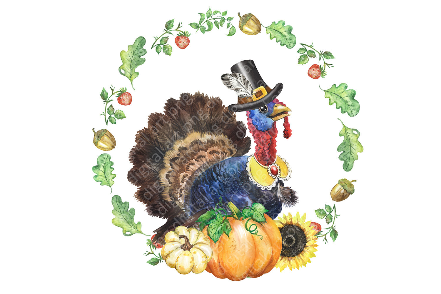 Happy thanksgiving day watercolor clipart. Turkey with pie pumpkin By ...