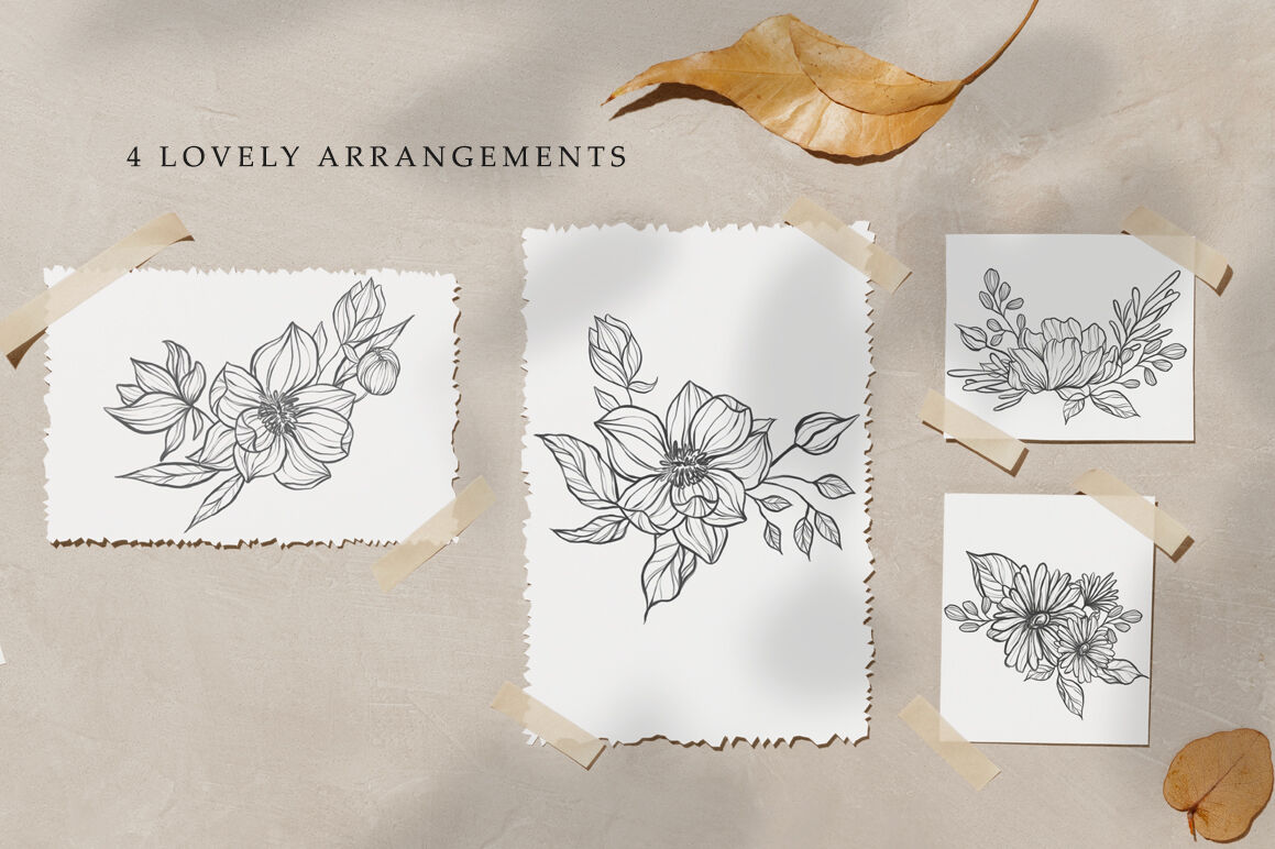 Botanical Sketches - Hand Drawn Floral Line Art Illustration By Naughty ...