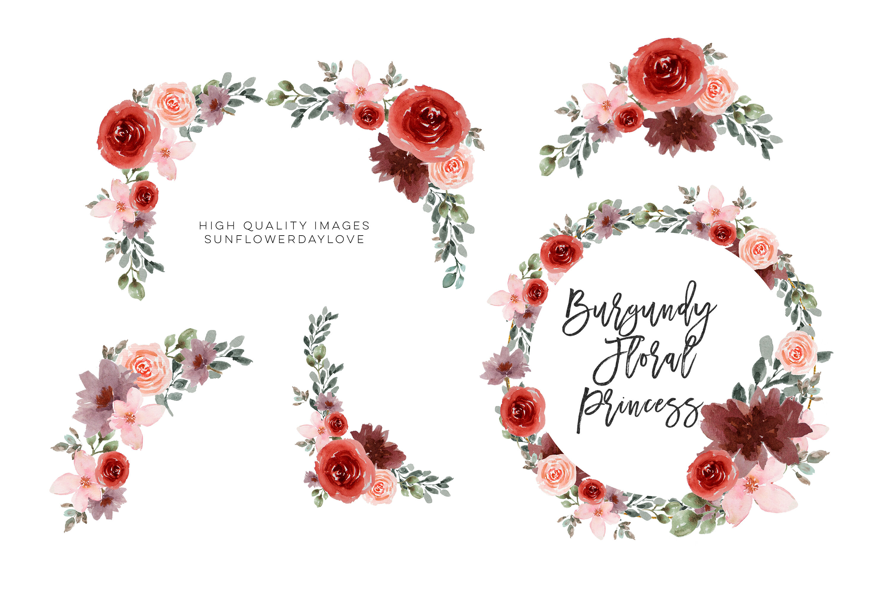Watercolor flower frame clipart, Wedding Burgundy floral clipart By  Sunflower Day Love