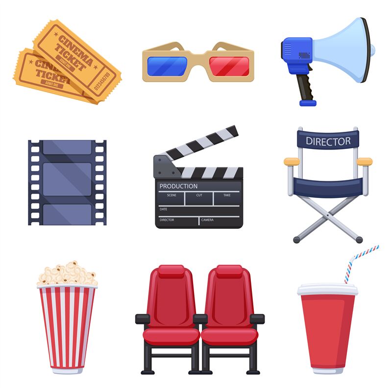 Movie theatre elements. Film production and cinema industry, tickets ...
