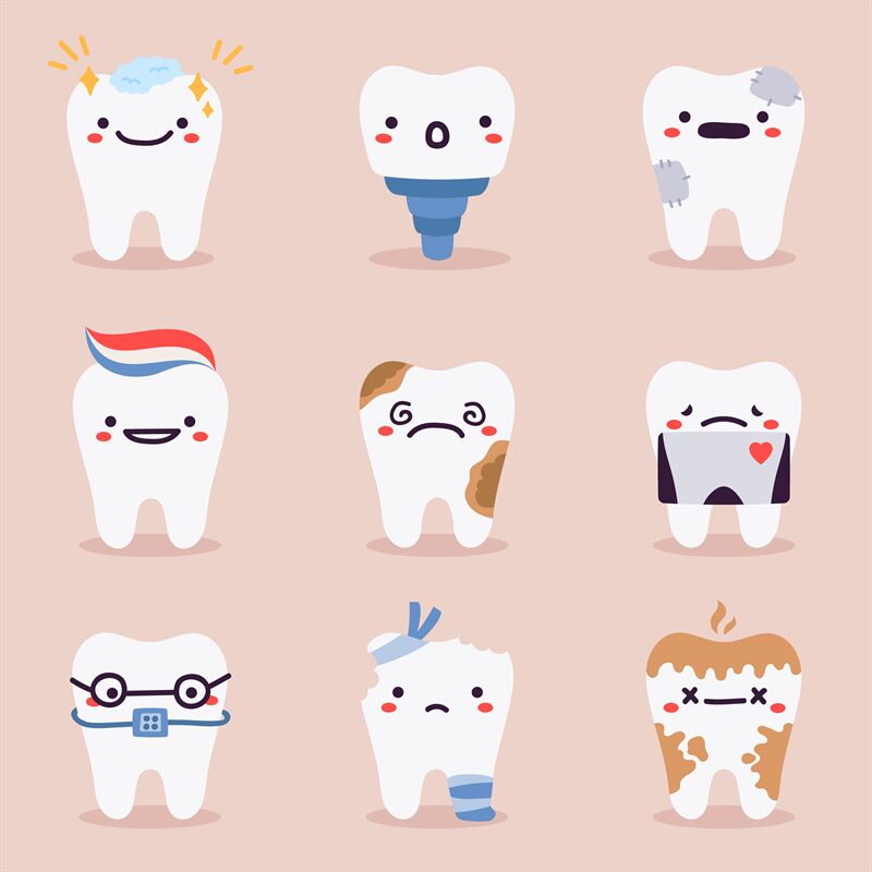 Cute teeth mascots. Dental teeth characters with dentistry problems, t ...