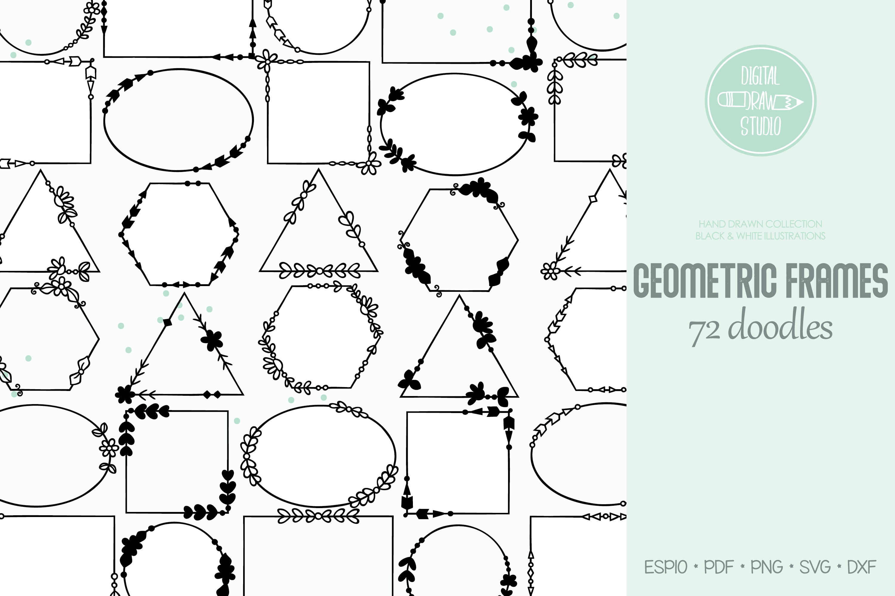 Download Geometric Frame Hand Drawn Decorative Border Outline Floral Wreath By Digital Draw Studio Thehungryjpeg Com