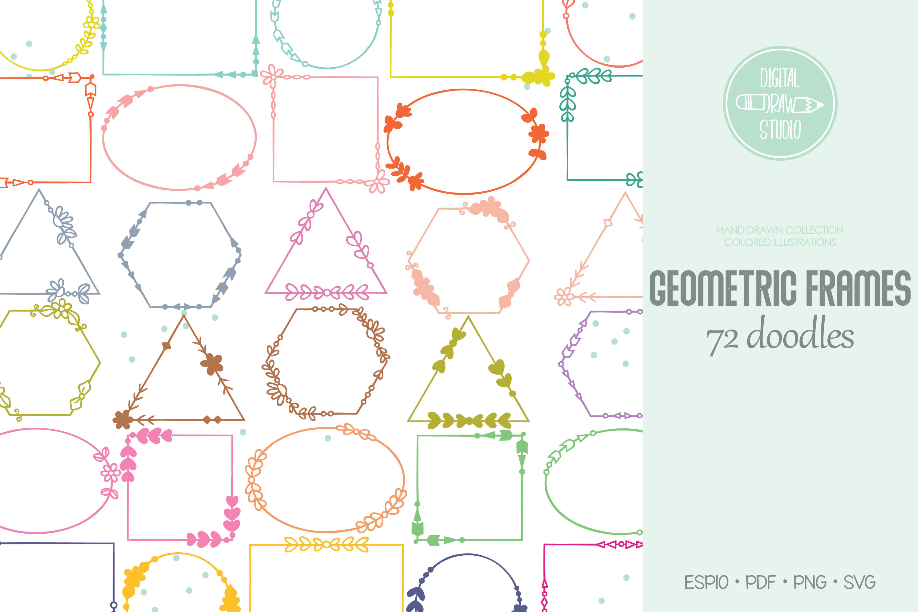 Download Geometric Frame Color Hand Drawn Decorative Border Floral Wreath By Digital Draw Studio Thehungryjpeg Com