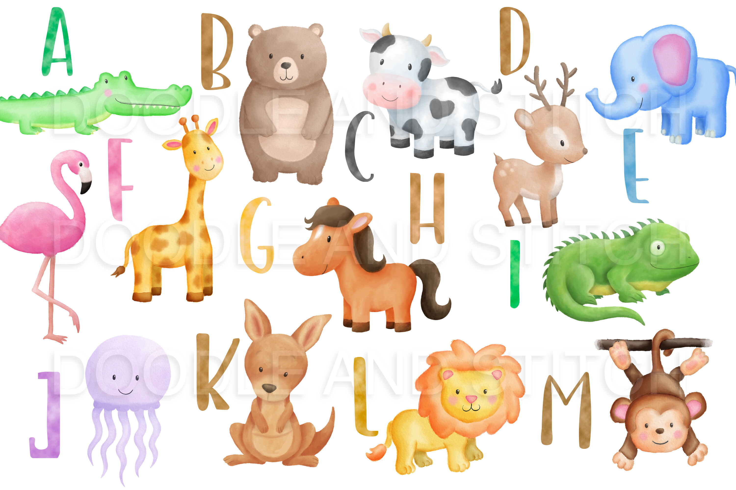 Alphabet Animal Watercolor Clipart By Doodle Art | TheHungryJPEG