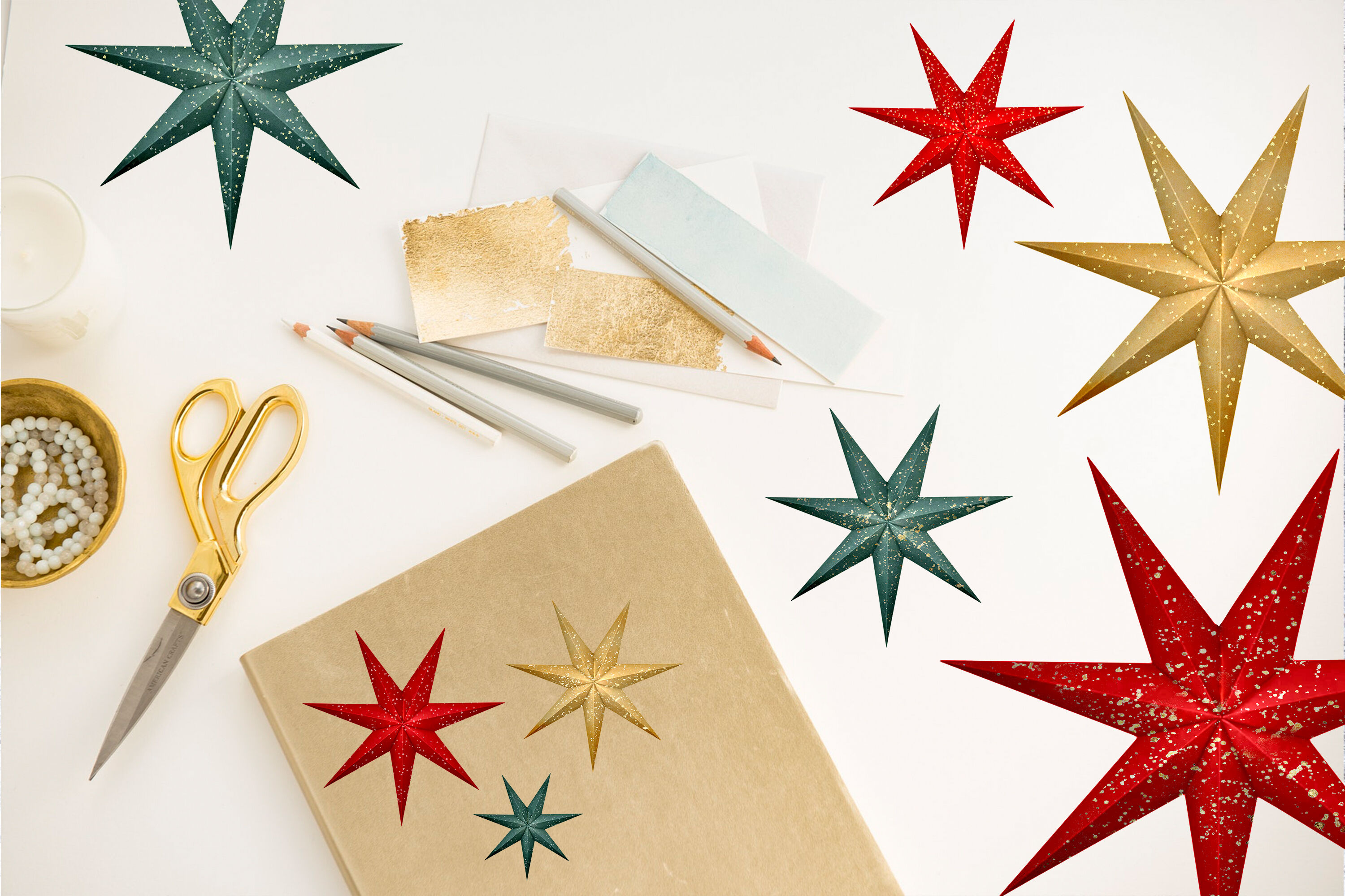 Watercolor Christmas stars, Gold, green, red Christmas decor digital By ...