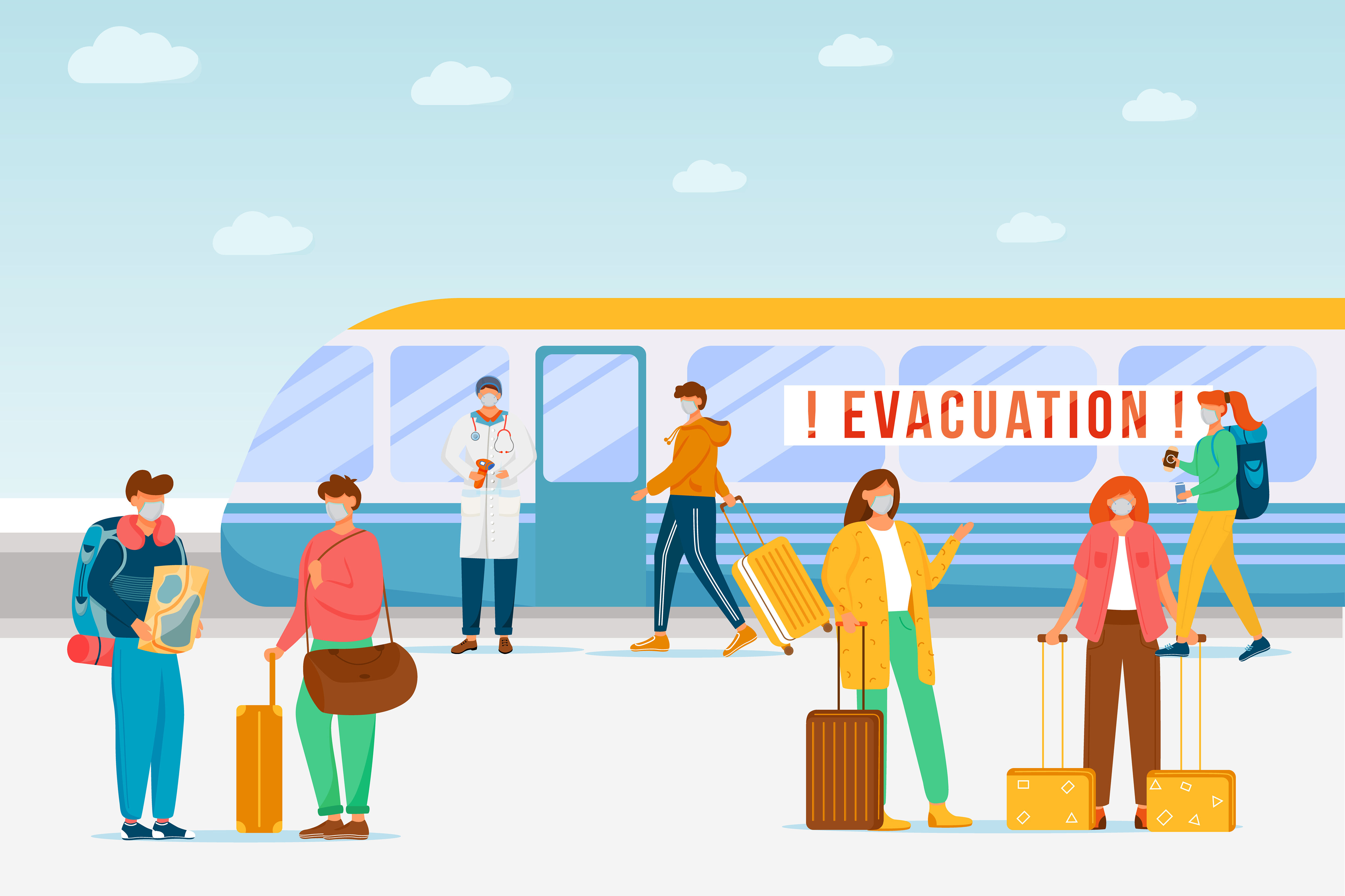 Emergency train evacuation flat color vector illustration By ntlstudio