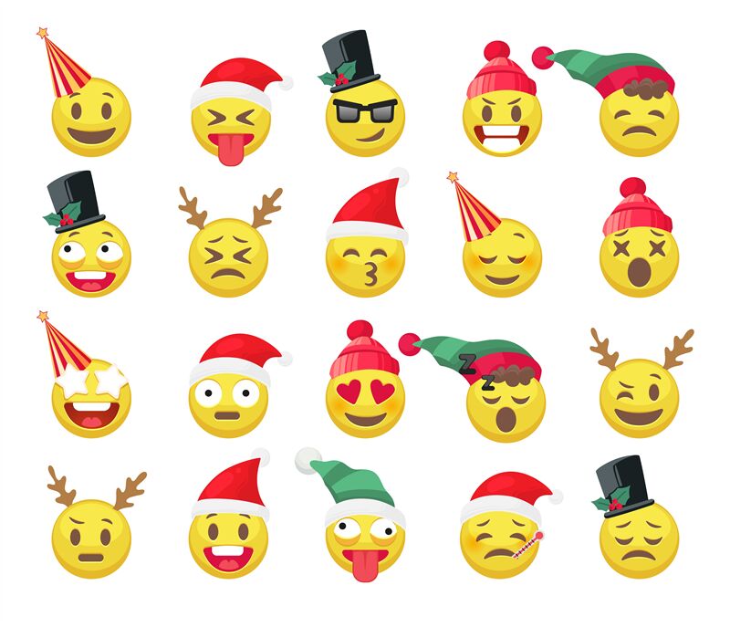 Christmas Funny Emoji Cute Holiday Emotion Yellow Faces In Hats Or Re