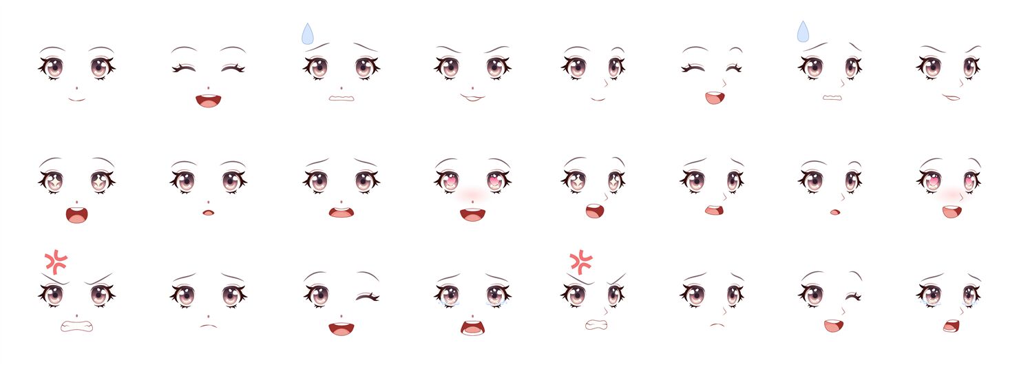 Manga expression. Anime girl facial expressions. Eyes, mouth