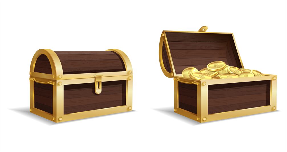 Two large chests. Open, closed chest, pile of gold coins inside