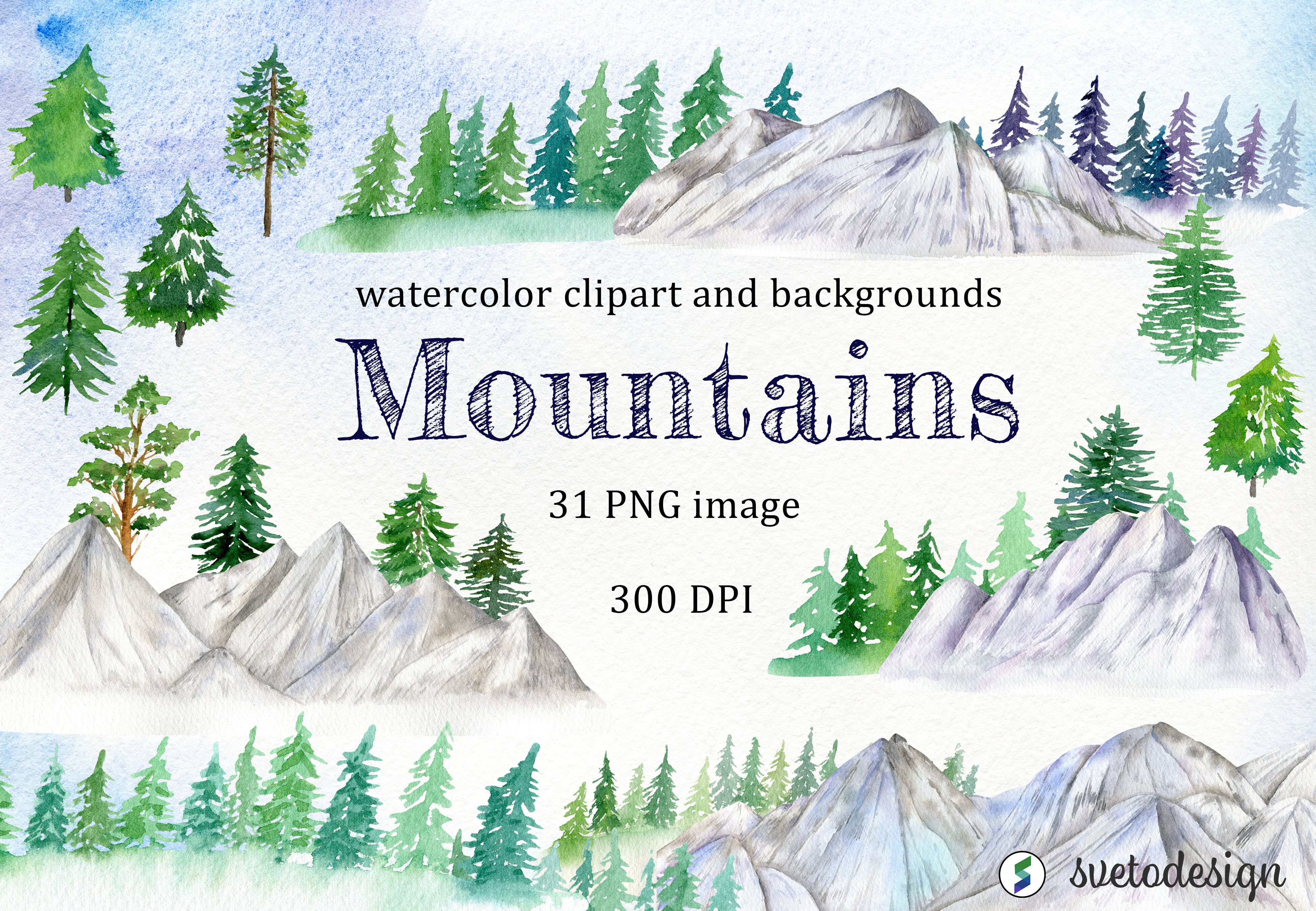 Watercolor Mountain Clipart Woodland Winter Forest Clip Art By Svetlana Sintcova Thehungryjpeg Com