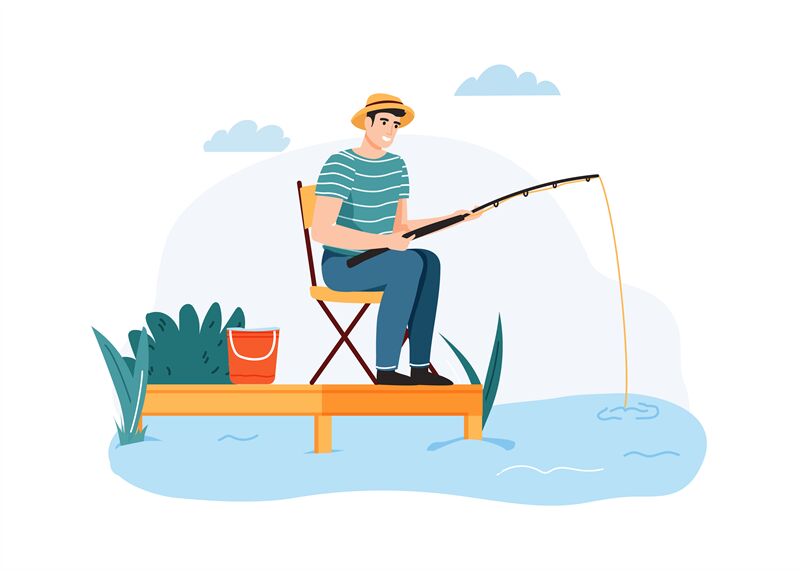 Man fishing. Guy sitting on chair with fishing rod waiting for