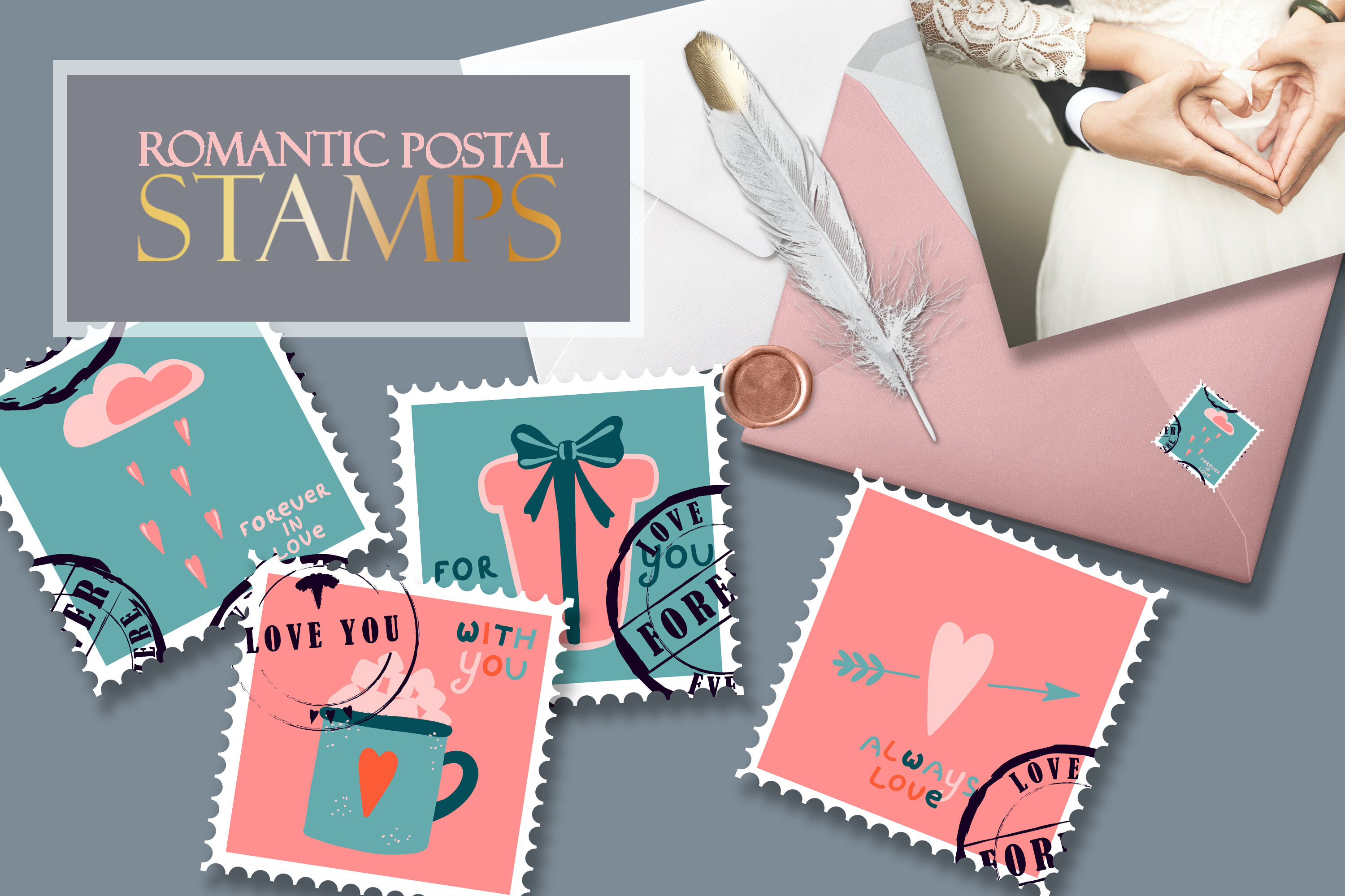 Postage stamps romantic for Valentine's Day By TheHungryJPEG