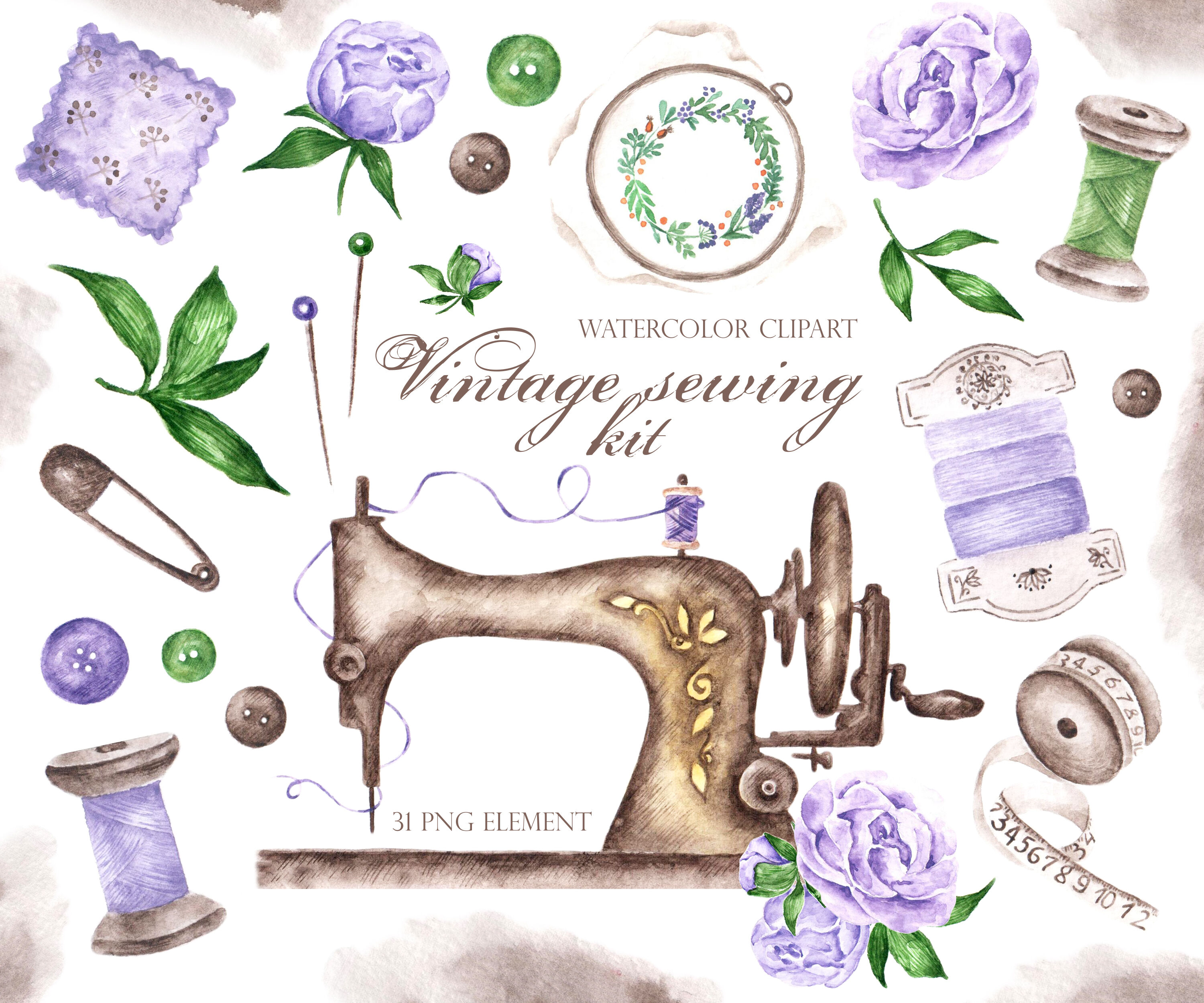 Watercolor clipart Sewing kit. PNG format. Sewing machine clipart. By  illustrator Sabina Z