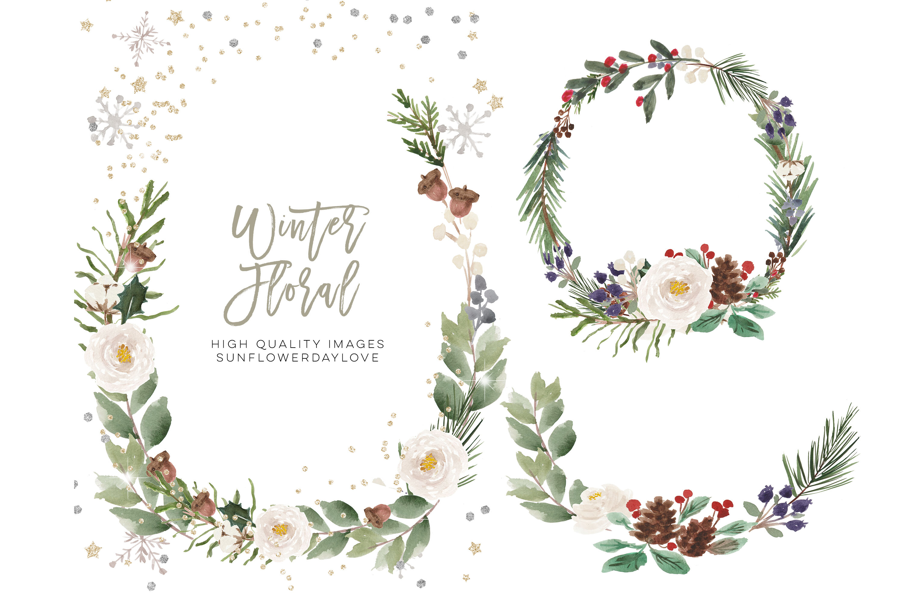 Watercolor Frame Christmas floral, Winter clipart, White Flowers By  Sunflower Day Love