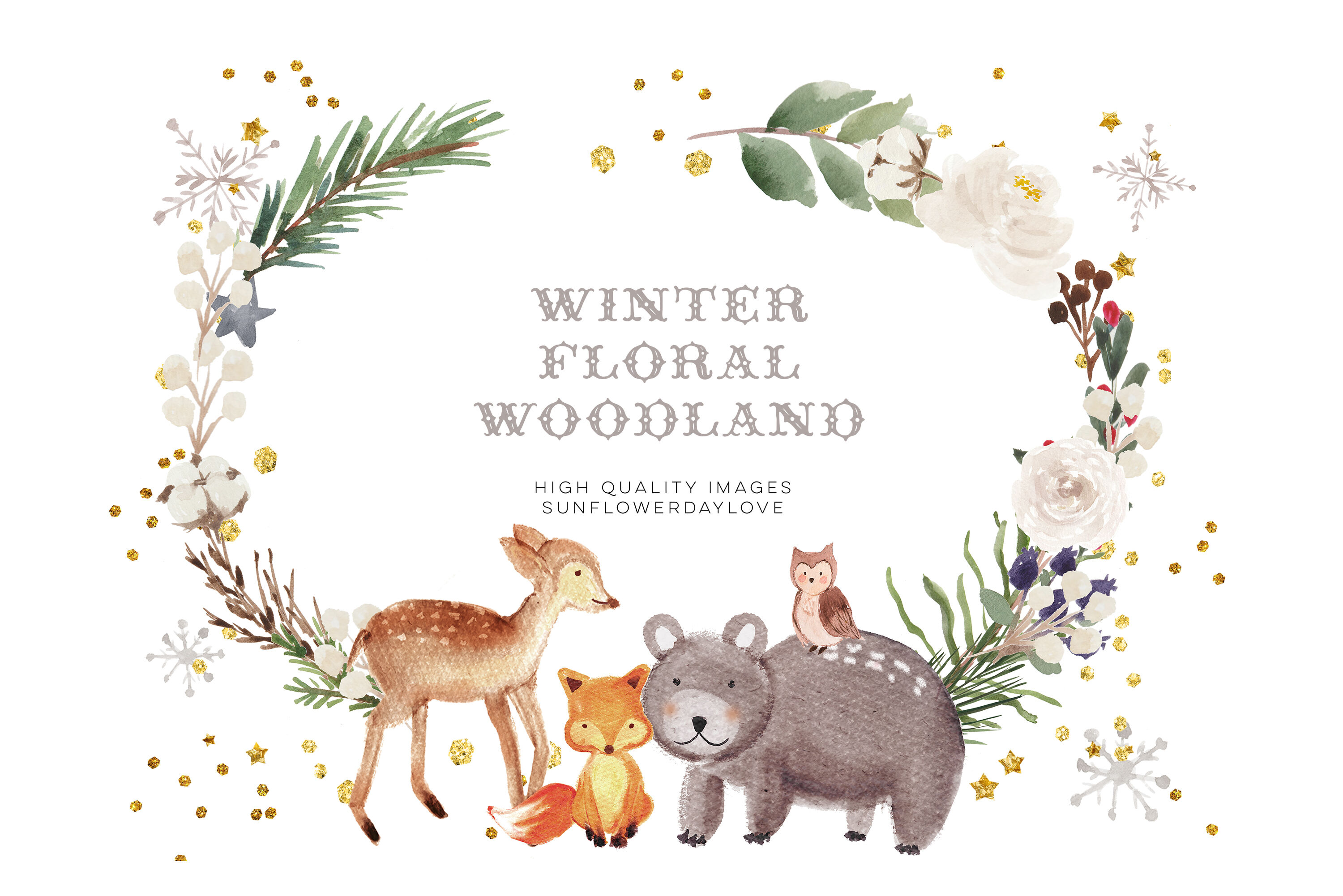 Frame Watercolor Winter Woodland, Christmas Animal Clipart By Sunflower Day  Love | TheHungryJPEG