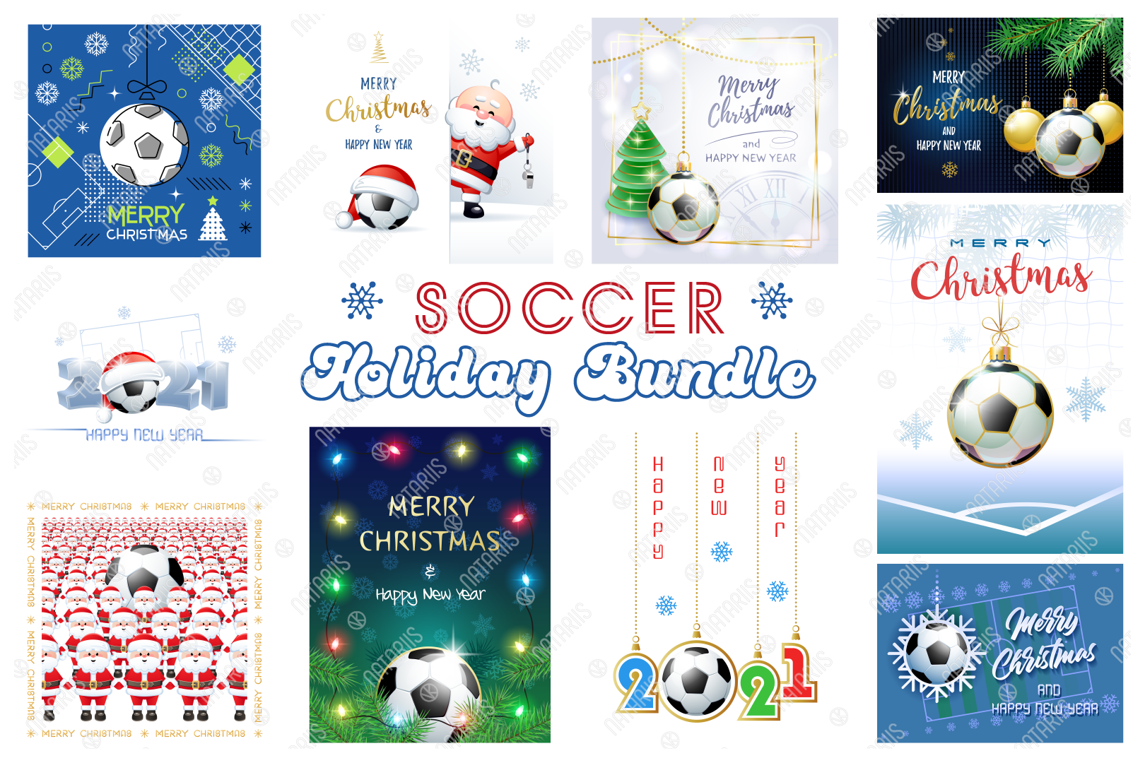 Soccer. Big Bundle of Christmas Sports Greeting Cards. By Natariis