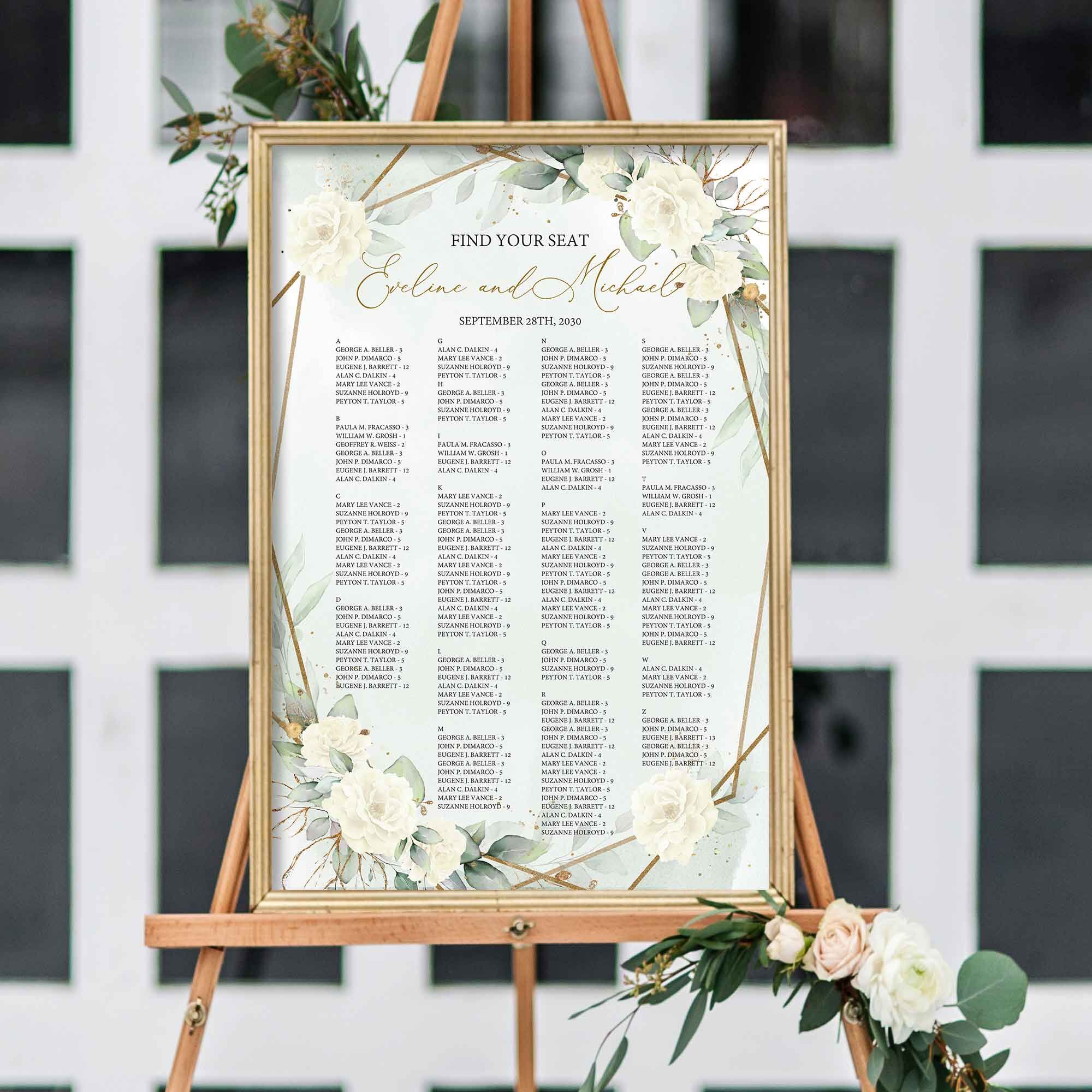 White Roses Greenery Wedding Seating Chart Template Editable DIY D By ...