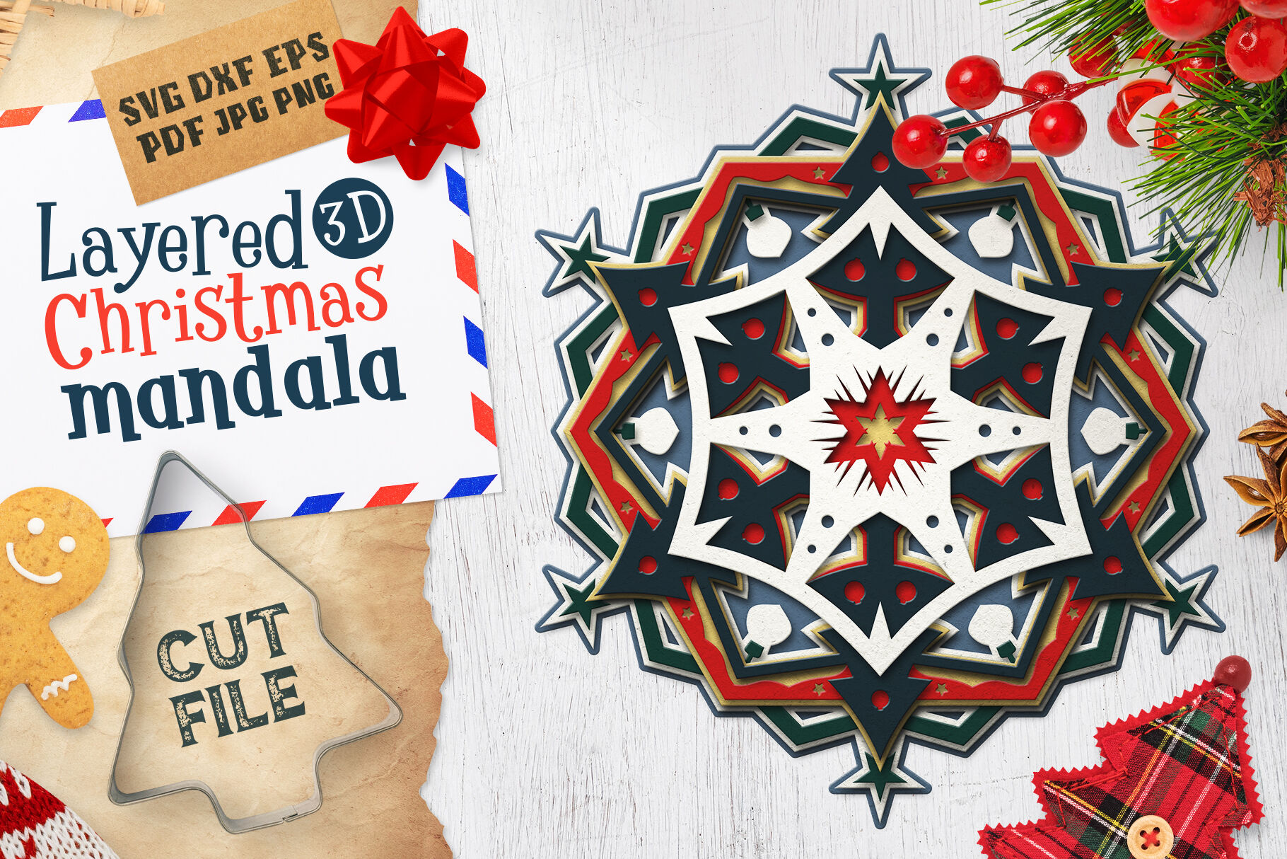 Layered 3D Christmas Mandala SVG Cut File By Pixaroma | TheHungryJPEG.com