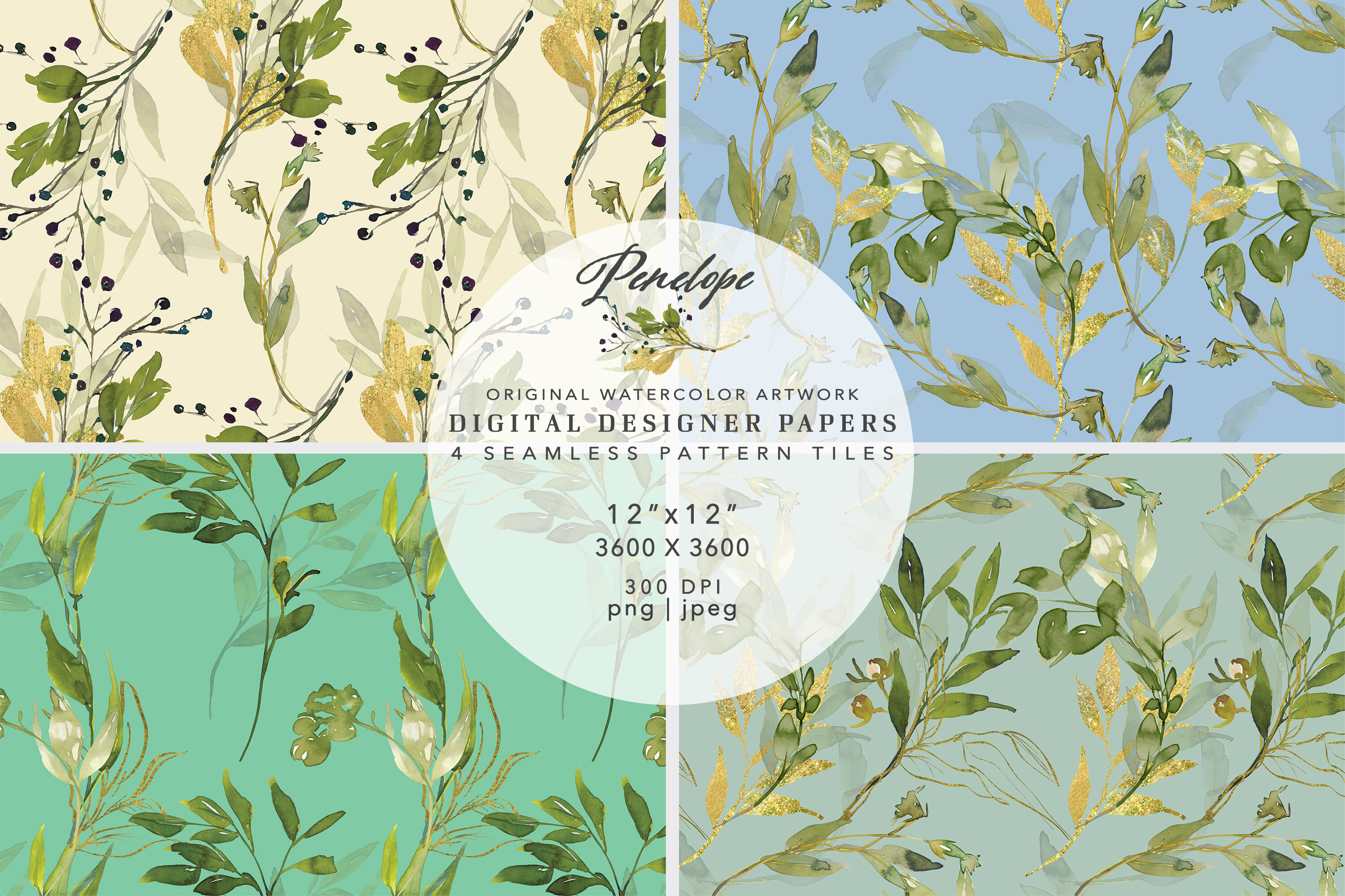 Watercolor Green Gold Leaves Seamless Pattern Pack By Patishop Art