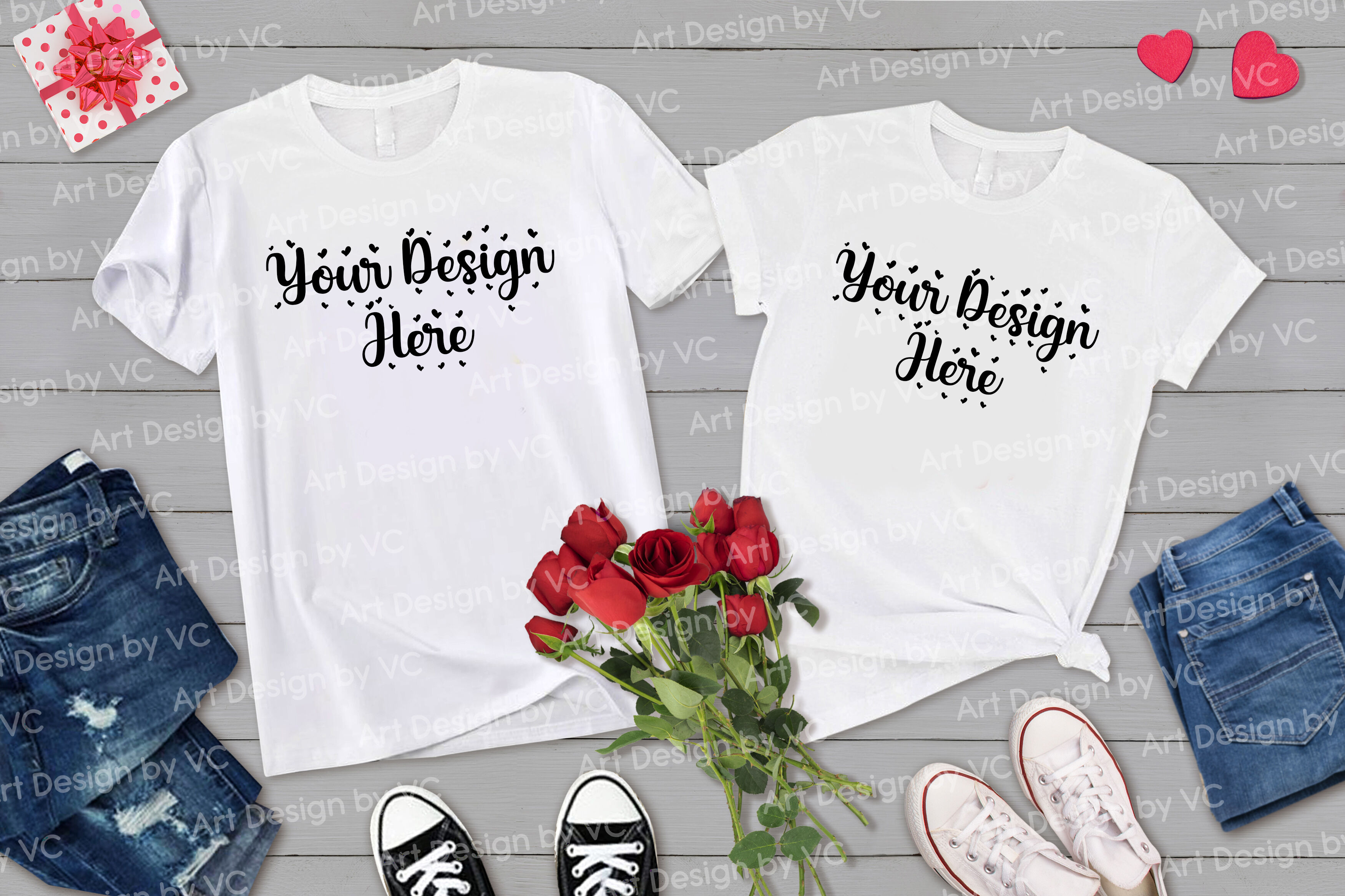 Valentine Couple White T-shirt Mock Up on Gray Wood Background By ...